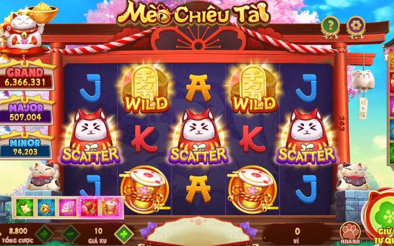 mèo chiêu tài gameplay nổ hũ với biểu tượng may mắn